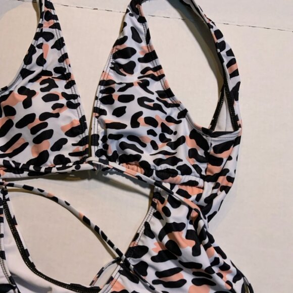 Womens Sz Small Leopard Print Lace Up‎ Monokini Low Back High Leg One Piece (I) - Picture 3 of 6